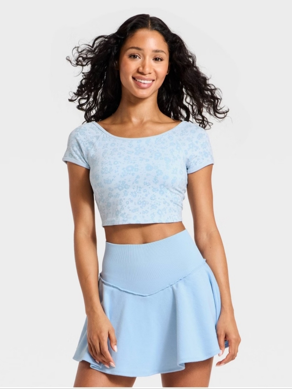 Women's Seamless Cropped Short Sleeve Support Top -JoyLab" Blue Floral